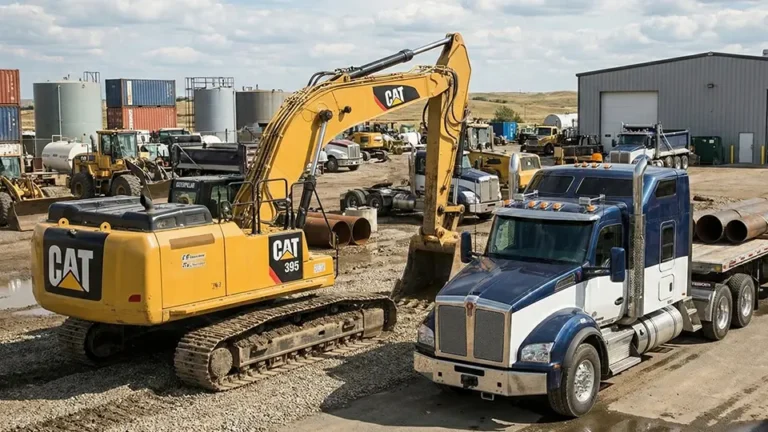 Blue Kenworth semi transport truck and Cat 395 excavator prepped for mobile semi truck interior detailing in Calgary by Anderson Fleet Restoration