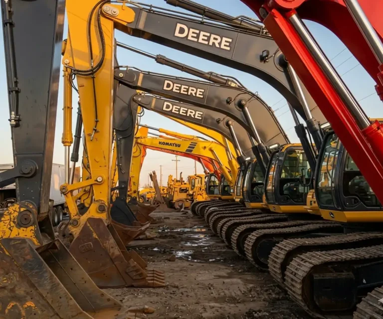 Line of John Deere and Komatsu excavators parked on-site for mobile heavy equipment interior cab detailing in Calgary by Anderson Fleet Restoration